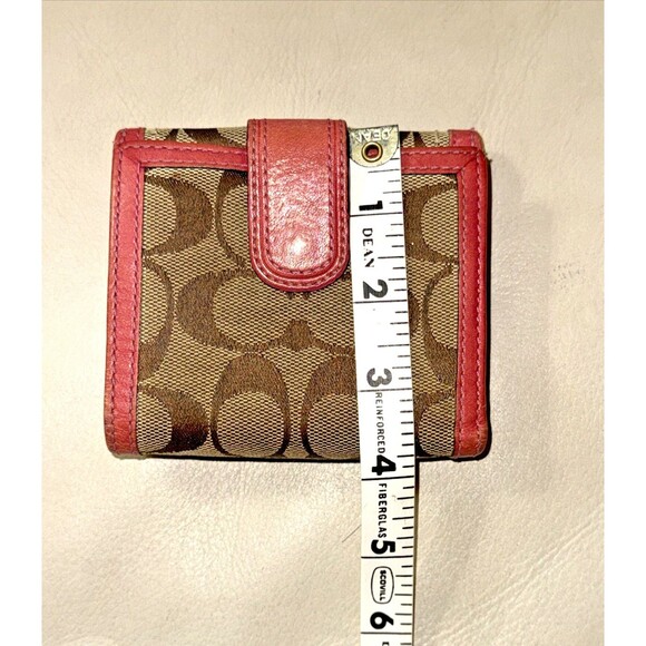 Coach Signature Canvas Tri-Fold Wallet Buckle Tab Leather Trim Brown Pink - Picture 3 of 13